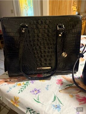 Brahmin Black Croc-Embossed Leather Tote with Gold Accent
